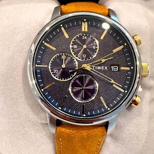 Timex Men's Watch with Blue Dial and Tan Strap